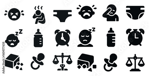 Baby care solid icons set – diaper, feeding, parenting essentials symbols