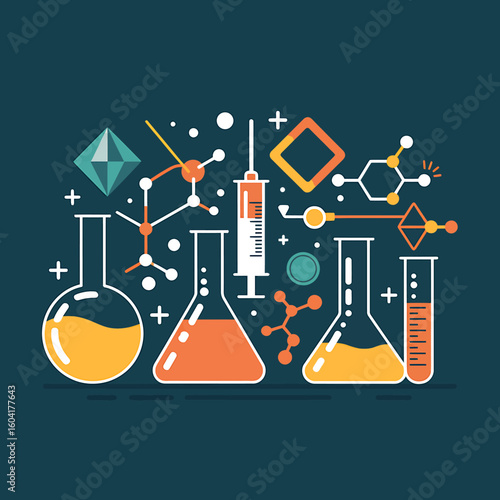 Colorful Scientific Background Featuring Beakers Syringe and Molecular Structures for Science Education and Medical Research Concepts