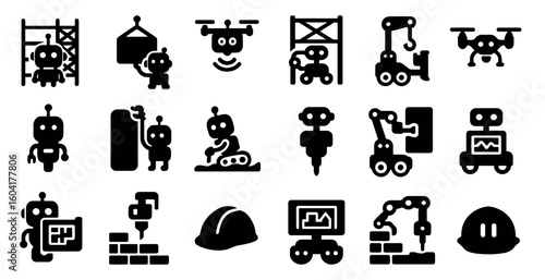 Robotics and construction solid icons set – industrial, technology, building symbols