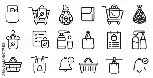 Eco-friendly shopping line icons set – outline, reusable bags, sustainability symbols