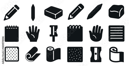Writing and office tools solid icons set – stationery, silhouette, supply symbols