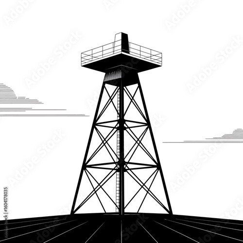 Oil Derrick Silhouette Against a White Sky an Industry Icon with an Industrial Aesthetic Drawing in Black and White