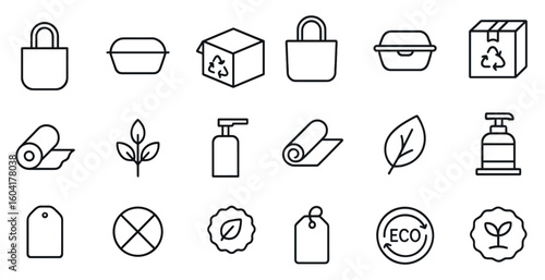 Eco-friendly packaging outline icons set – green, sustainability, recycling symbols