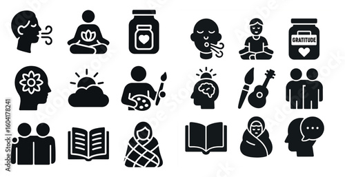 Mindfulness and wellness solid icons set – meditation, health, self-care symbols