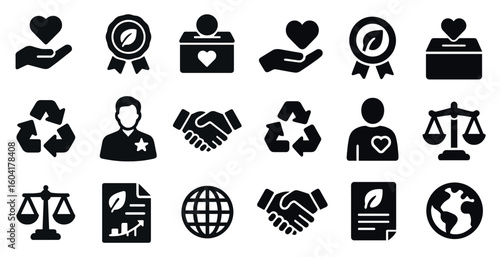Charity and environment solid icons set – silhouette, recycling, donation symbols