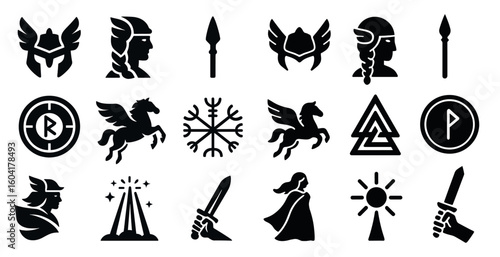 Norse mythology silhouette icons set – viking, ancient symbols, legendary illustrations