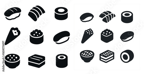 Sushi and seafood icons set – silhouette, outline, culinary and dining symbols