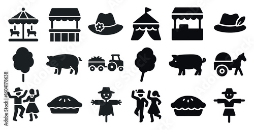 Country fair silhouette icons set – solid, filled, rustic and festival symbols