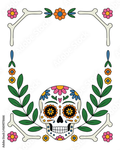 Decorative frame with a colorful sugar skull and floral elements for day of the dead celebrations