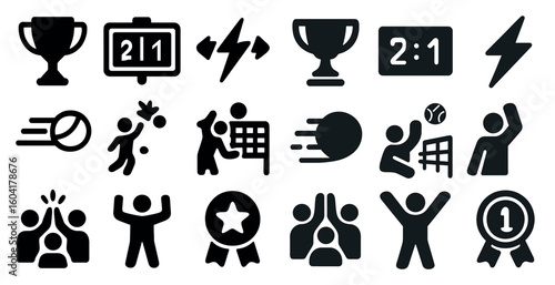 Sports and activity solid icons set – filled, fitness and competition graphics