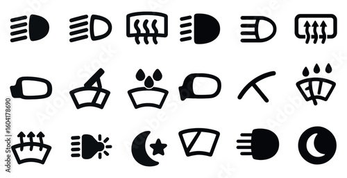 Automotive dashboard solid icons set – filled, vehicle and car control symbols