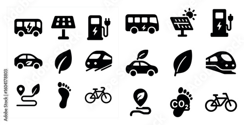 Eco-friendly transportation icons set – solid, filled, green travel symbols
