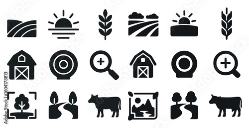 Agriculture and nature solid icons set – farm, rural, landscape elements