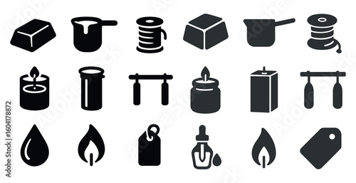 Candle and wax solid icons set – silhouette, filled, wax melt and flame symbols