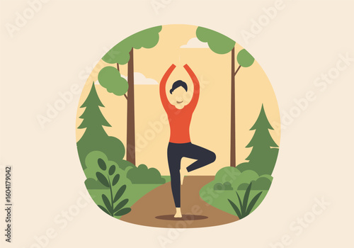 A person in a red shirt and dark pants is practicing the tree yoga pose in a serene forest landscape.