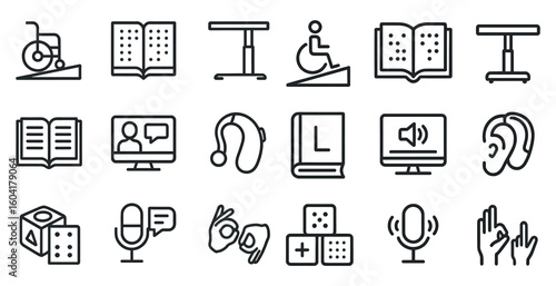 Accessibility and disability icon set – outline, linear, assistive technology symbols