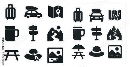 Travel and leisure icons set – solid, filled, journey and adventure symbols