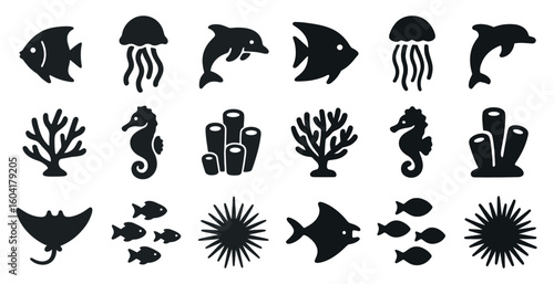 Marine life silhouette icons set – ocean, sea creatures, aquatic symbols