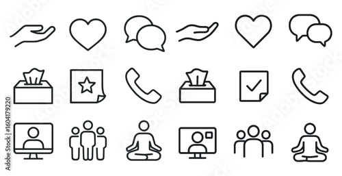 Wellness and communication line icons set – outline, thin, connection symbols