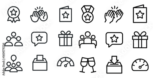 Rewards and recognition outline icons set – linear, awards, achievement symbols