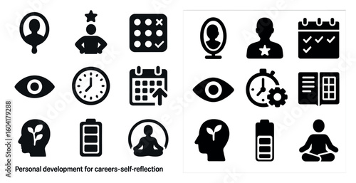 Personal development solid icons set – filled, career growth and self-reflection symbols