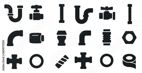 Plumbing tools solid icons set – silhouette, filled, pipes and fittings symbols