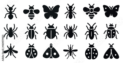Insect solid icons set – silhouette, bug, entomology symbols for design projects