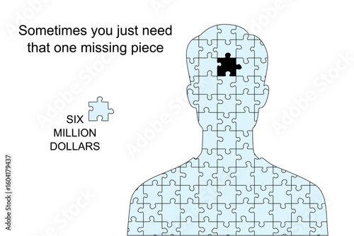 Meme about money, wealth, poverty and personal needs. Person with one missing piece. Humor for social media.