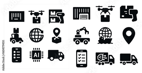Shipping and delivery silhouette icons set – filled, solid, logistics symbols