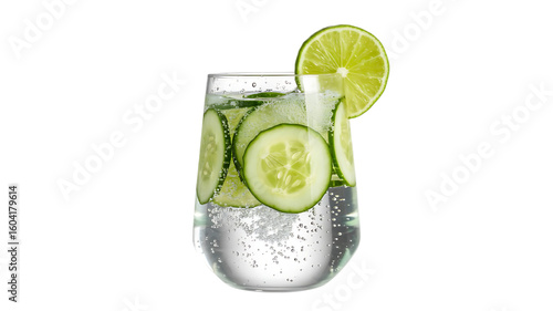 Glass of water with cucumber and lime slices isolated on a transparent background