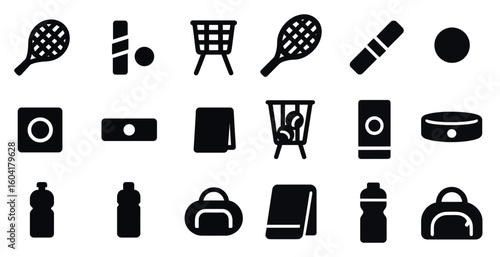Sports equipment solid icons set – fitness, gym, workout essentials