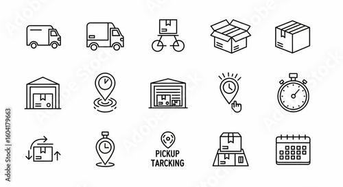 Shipping Fulfillment & Trust Line Icon Set – Delivery, Logistics, Packaging, Warehouse, Tracking, Pickup, Stopwatch, Calendar Vector

