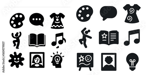 Art and creativity silhouette icons set – solid, filled, artistic design elements
