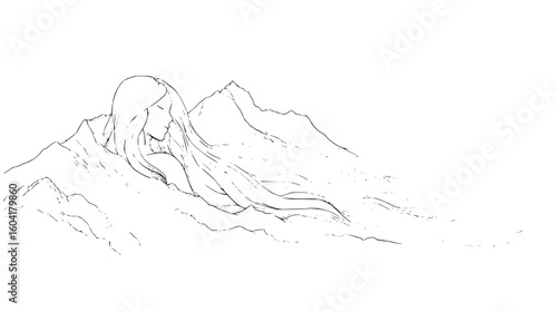 Abstract symmetrical figure with raised arms in black and white with textured details creating a design effect