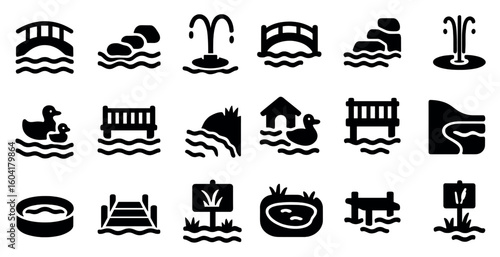 Garden water features icons set – solid, filled, fountains and pond symbols