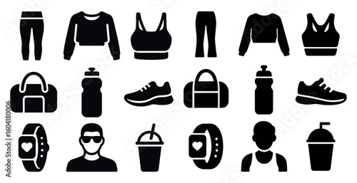 Fitness and gym silhouette icons set – solid, workout, training symbols