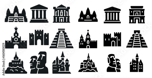 Historic landmarks silhouette icons set – ancient, architecture, iconic monuments