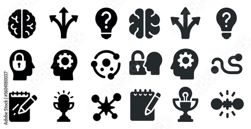 Creative decision-making icons set - filled, solid, brain and innovation symbols