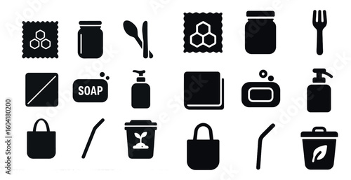 Eco-friendly kitchen silhouette icons set – solid, outline, sustainable waste reduction