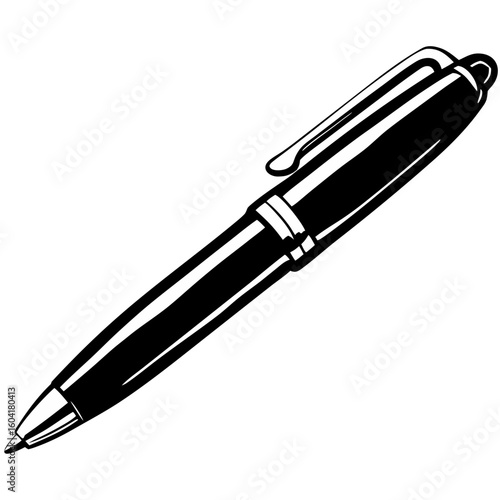Black ballpoint pen with clip on white background  