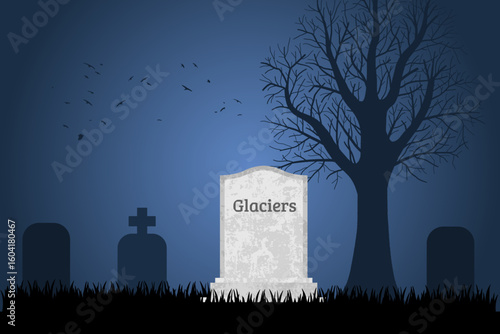 Glaciers are dead. Grave concept symbolizing environmental destruction problem and rising temperatures due to climate change.
