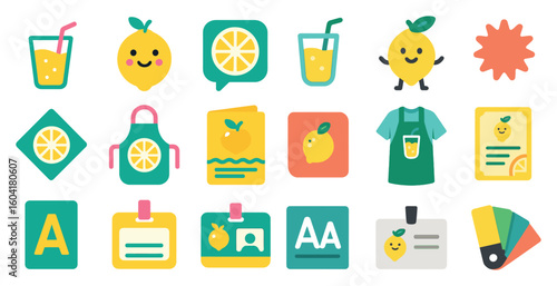 Juice and fruit flat icons set – filled, drink and citrus symbols for design