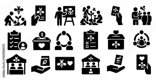 Charity and fundraising solid icons set – donation, nonprofit, volunteer symbols