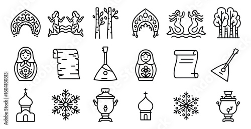 Russian culture outline icons set – linear, line art, heritage and tradition symbols