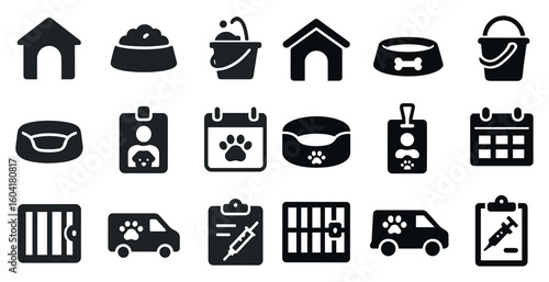 Pet care solid icons set – filled, silhouette, vet and animal welfare symbols