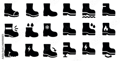Safety footwear solid icons set – protective, filled, boots and shoe symbols