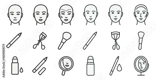 Beauty and makeup icons set – outline, cosmetic, skincare and tool symbols