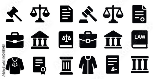 Law and justice solid icons set – silhouette, filled, legal and court symbols