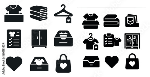 Clothing organization solid icons set – storage, wardrobe, garment management