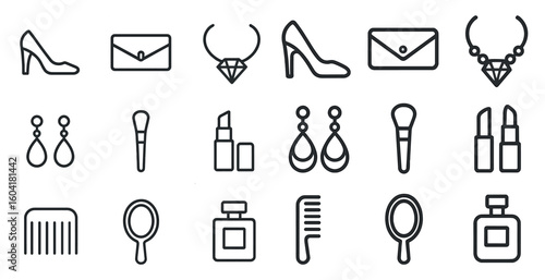 Fashion and beauty outline icons set – style, glamour, accessories symbols